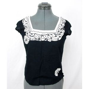SNAK Womens Black & White Floral Top Side Zip Sz 4